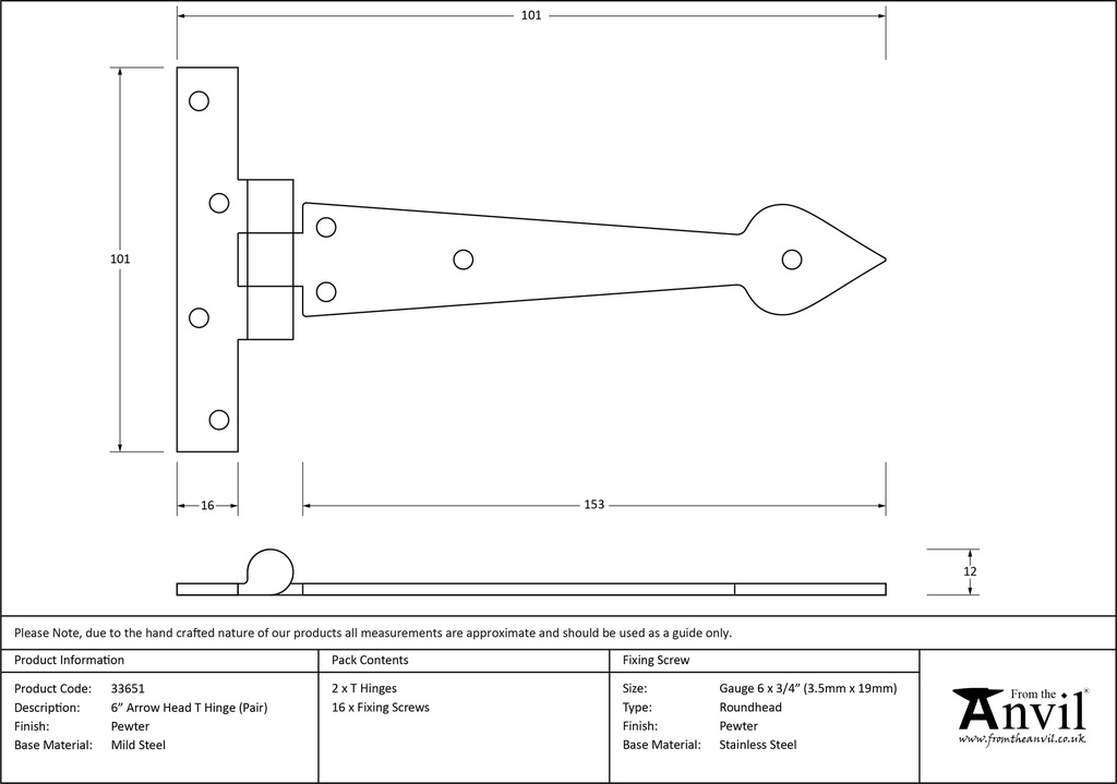 Pewter 6&quot; Arrow Head T Hinge (pair) - 33651 - Technical Drawing