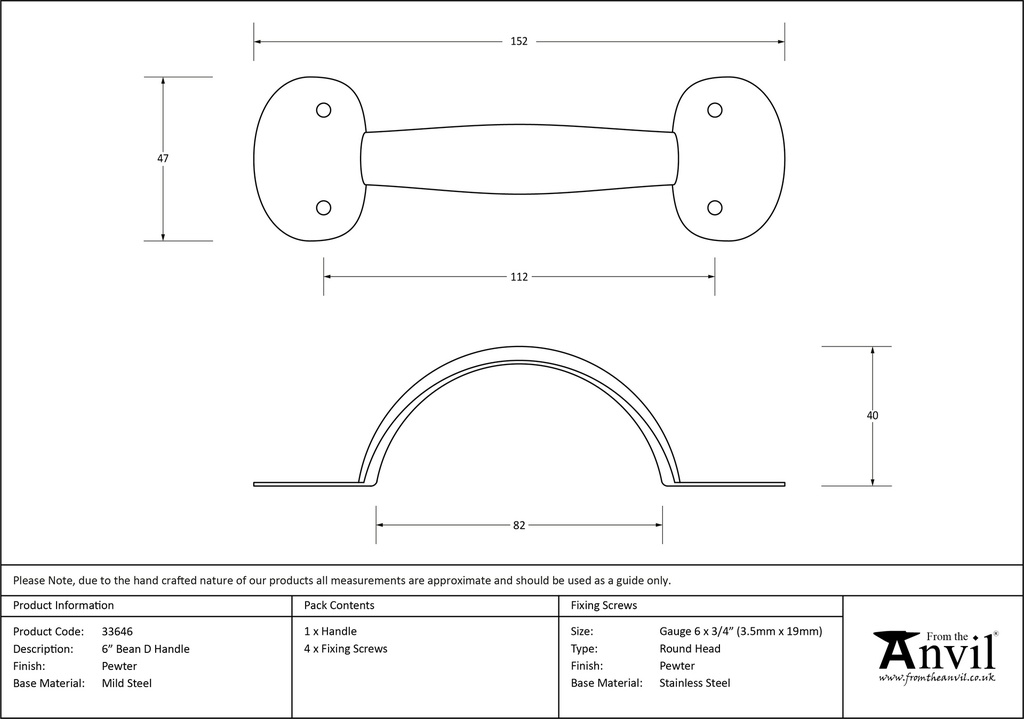Pewter 6&quot; Bean D Handle - 33646 - Technical Drawing
