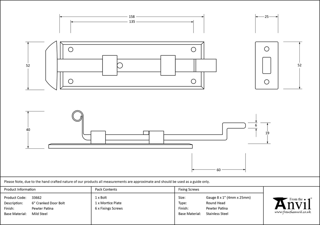 Pewter 6" Cranked Door Bolt - 33662 - Technical Drawing