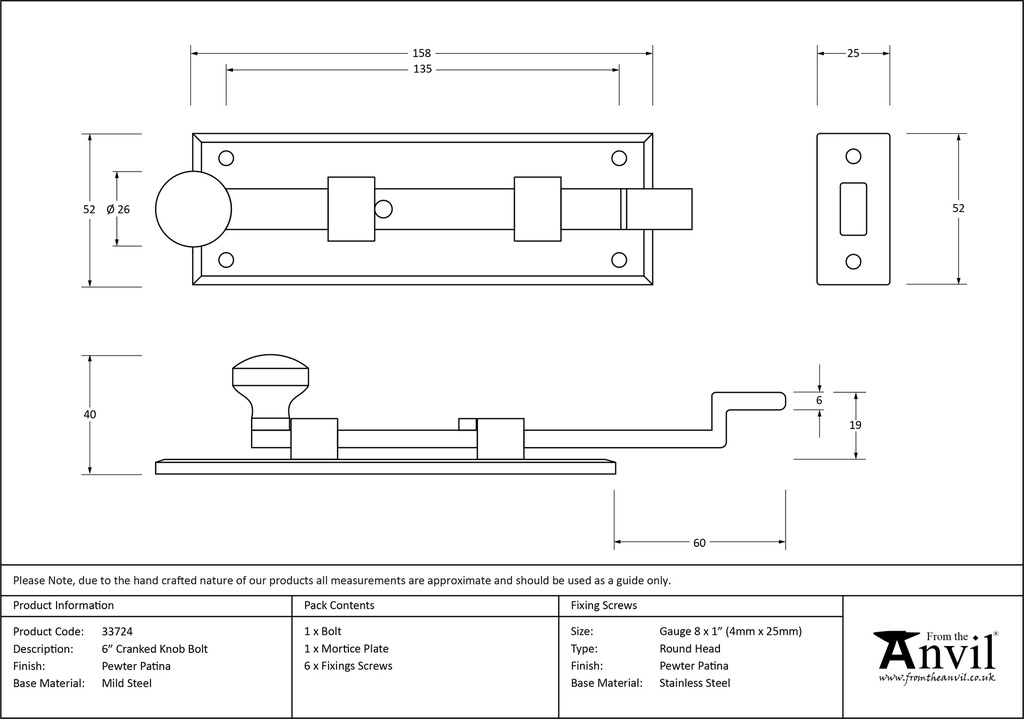Pewter 6&quot; Cranked Knob Bolt - 33724 - Technical Drawing
