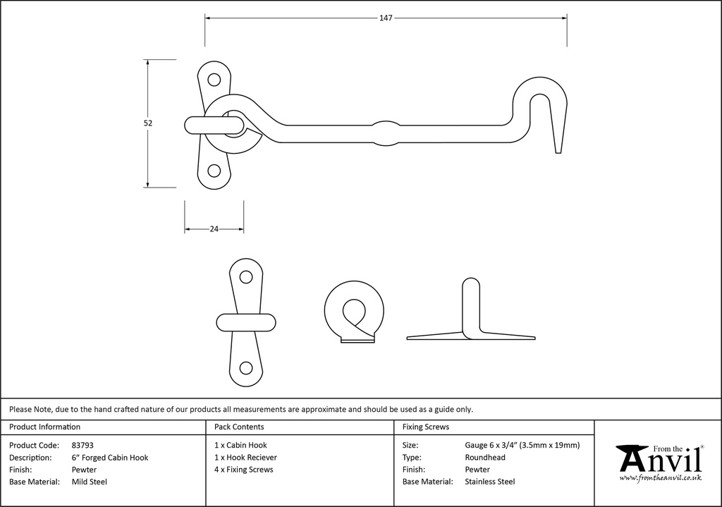Pewter 6&quot; Forged Cabin Hook - 83793 - Technical Drawing