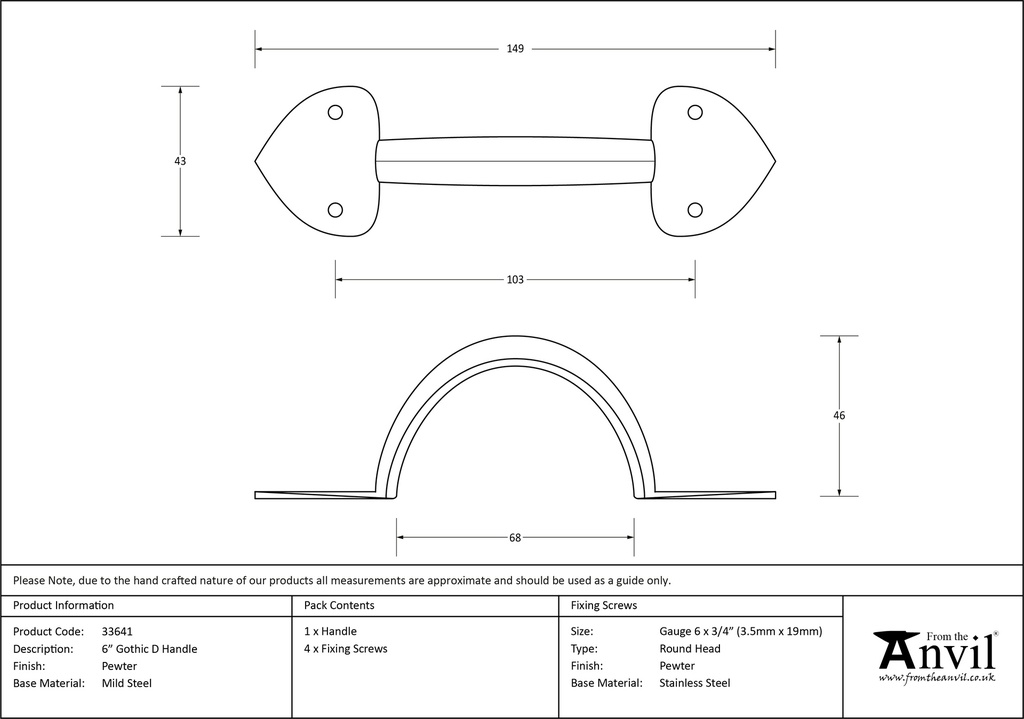 Pewter 6&quot; Gothic D Handle - 33641 - Technical Drawing