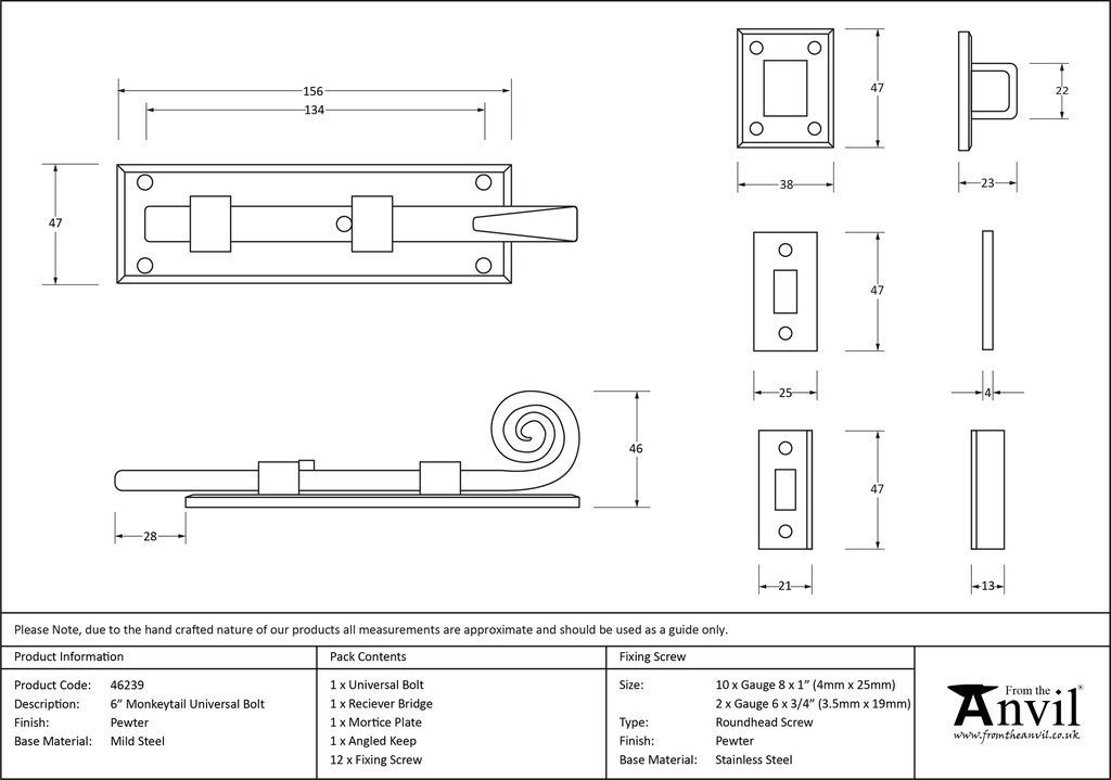 Pewter 6" Monkeytail Universal Bolt - 46239 - Technical Drawing