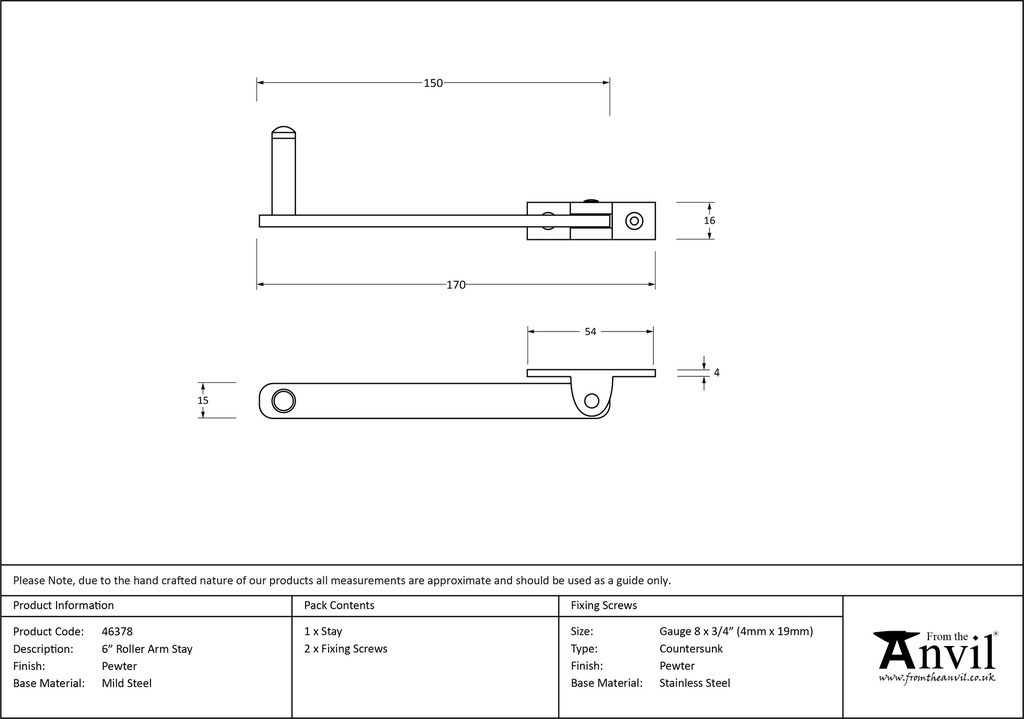 Pewter 6&quot; Roller Arm Stay - 46378 - Technical Drawing