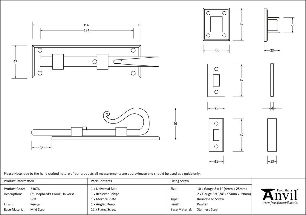 Pewter 6&quot; Shepherd's Crook Universal Bolt - 33076 - Technical Drawing