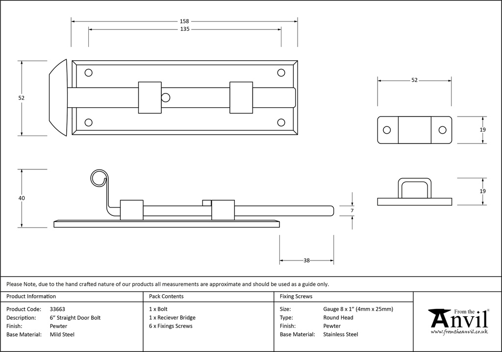 Pewter 6&quot; Straight Door Bolt - 33663 - Technical Drawing