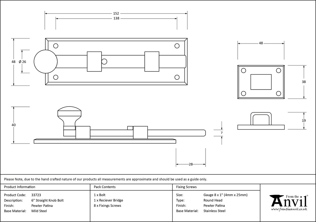 Pewter 6&quot; Straight Knob Bolt - 33723 - Technical Drawing