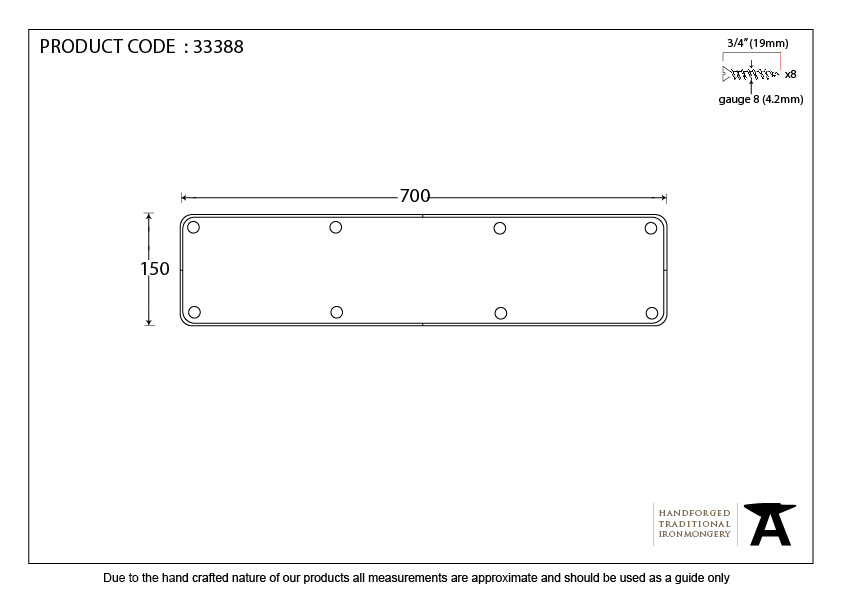 Pewter 700mm x 150mm Kick Plate - 33388 - Technical Drawing