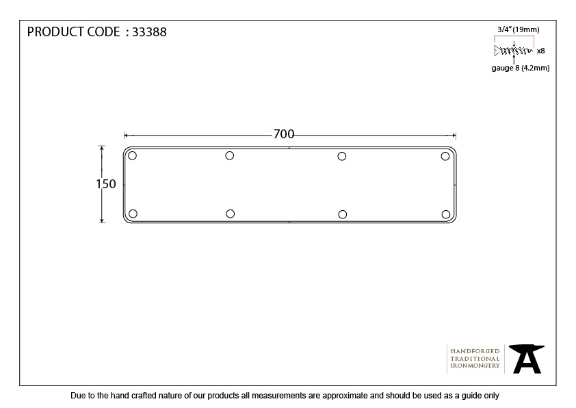 Pewter 700mm x 150mm Kick Plate - 33388 - Technical Drawing