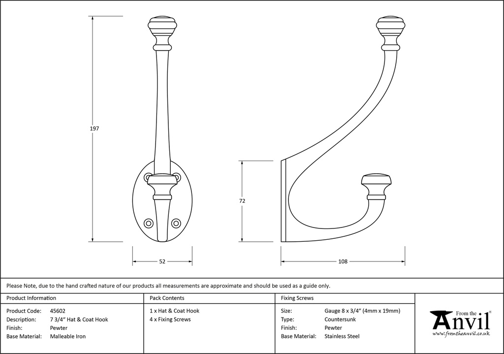 Pewter 7 3/4&quot; Hat &amp; Coat Hook - 45602 - Technical Drawing