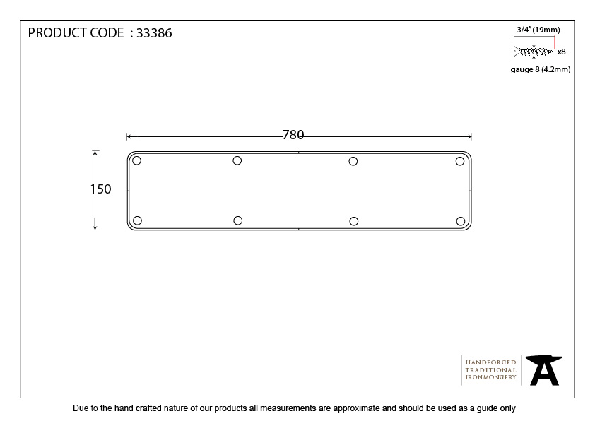 Pewter 780mm x 150mm Kick Plate - 33386 - Technical Drawing