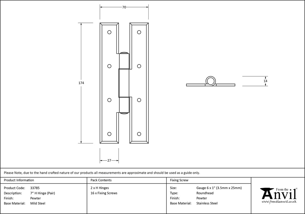 Pewter 7" H Hinge (pair) - 33785 - Technical Drawing