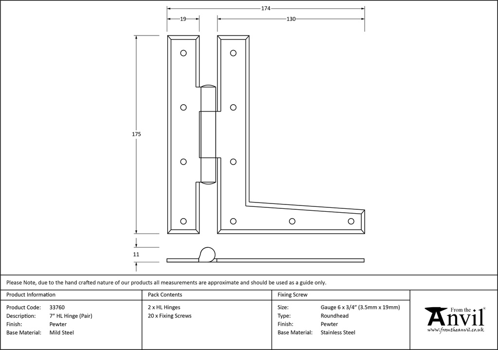 Pewter 7&quot; HL Hinge (pair) - 33760 - Technical Drawing