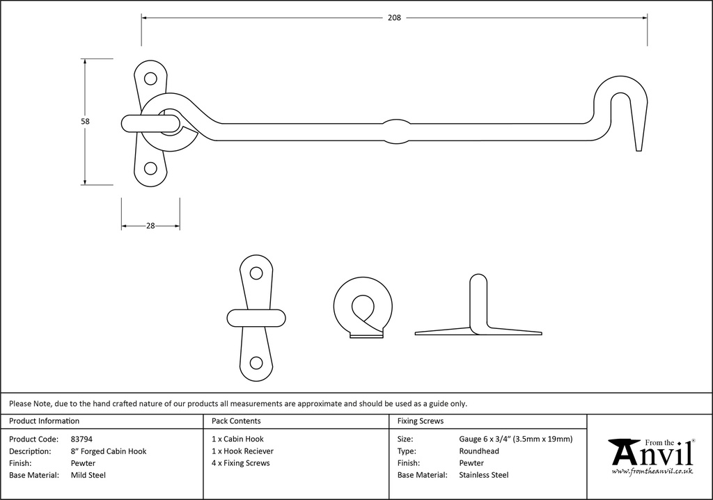 Pewter 8&quot; Forged Cabin Hook - 83794 - Technical Drawing