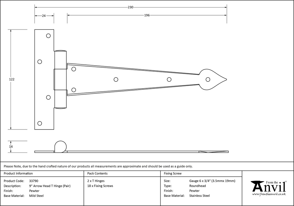 Pewter 9&quot; Arrow Head T Hinge (pair) - 33790 - Technical Drawing