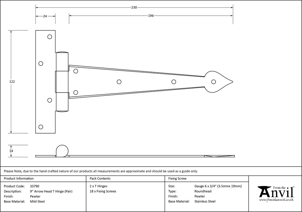 Pewter 9" Arrow Head T Hinge (pair) - 33790 - Technical Drawing