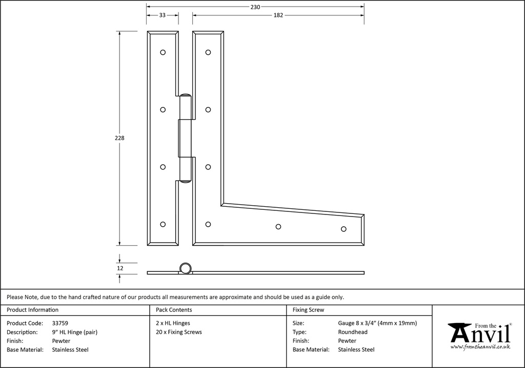 Pewter 9&quot; HL Hinge (pair) - 33759 - Technical Drawing