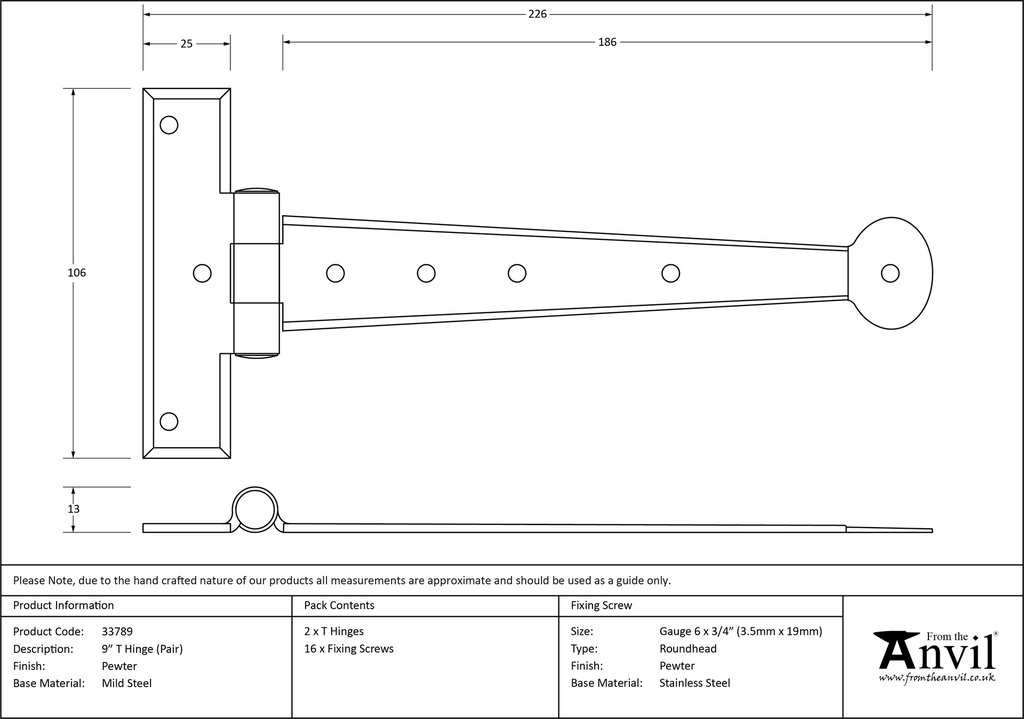 Pewter 9" Penny End T Hinge (pair) - 33789 - Technical Drawing