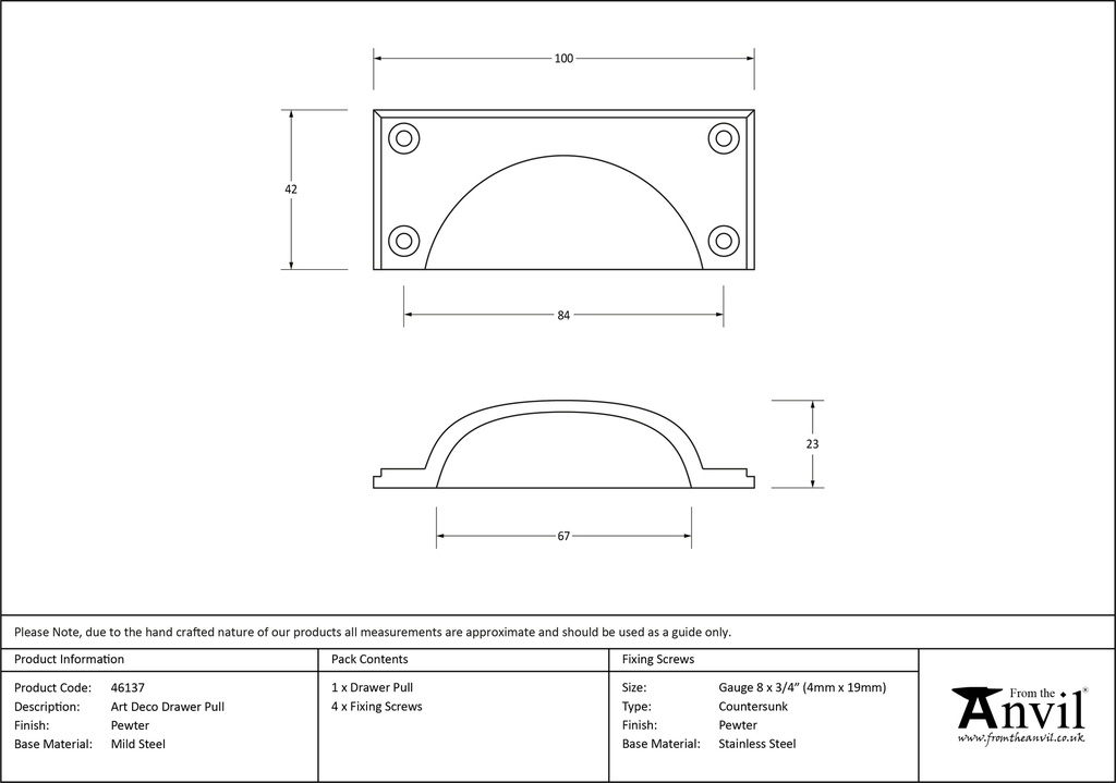 Pewter Art Deco Drawer Pull - 46137 - Technical Drawing