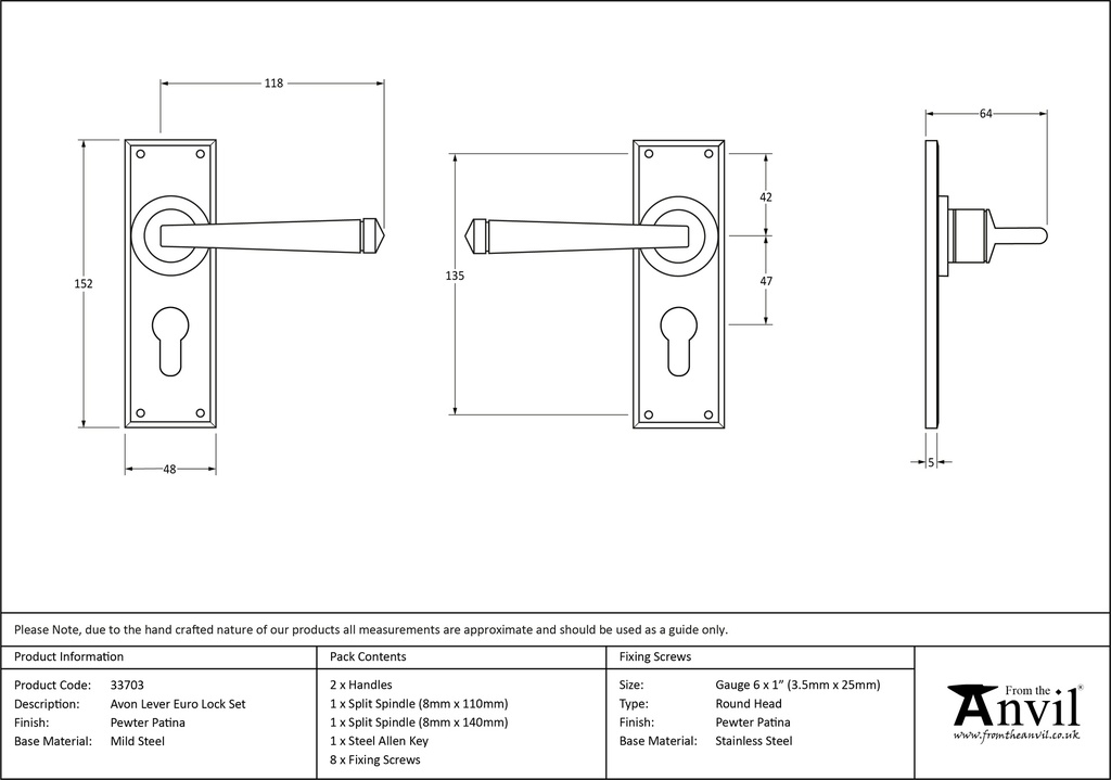 Pewter Avon Lever Euro Lock Set - 33703 - Technical Drawing
