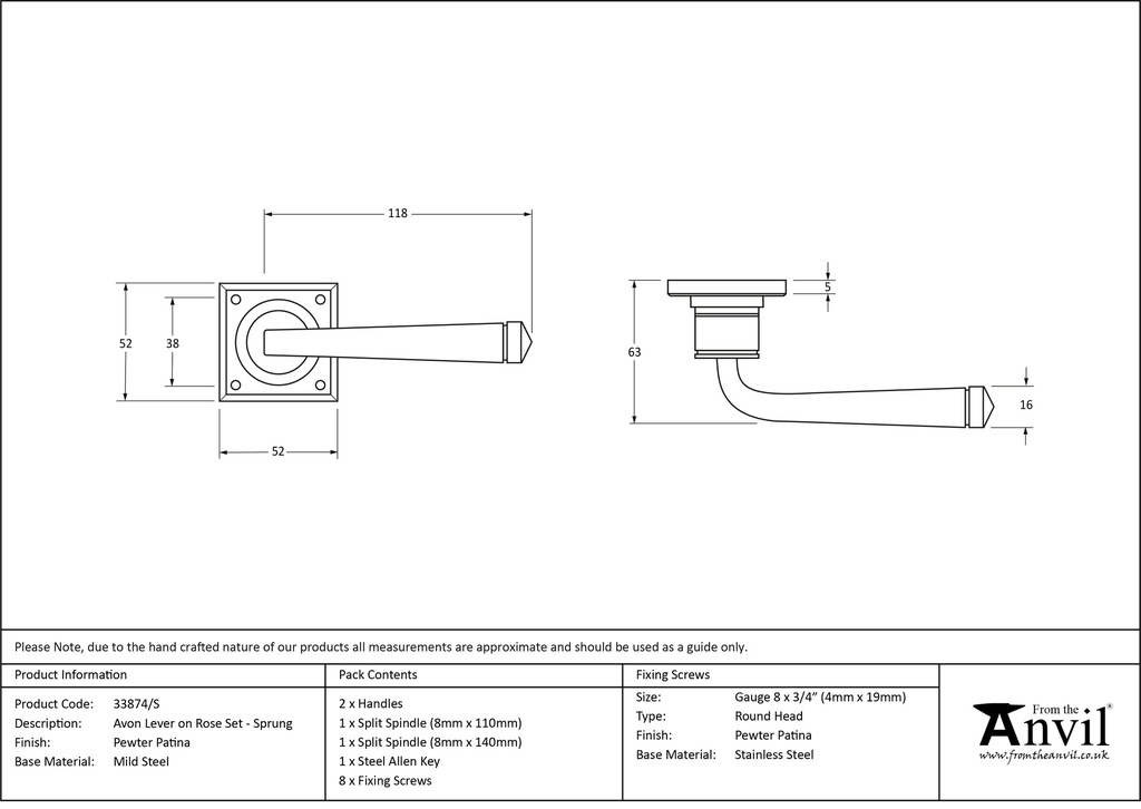 Pewter Avon Lever on Rose Set Sprung - 33874/S - Technical Drawing