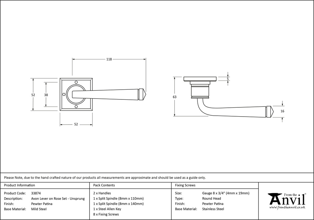 Pewter Avon Lever on Rose Set Unsprung - 33874 - Technical Drawing