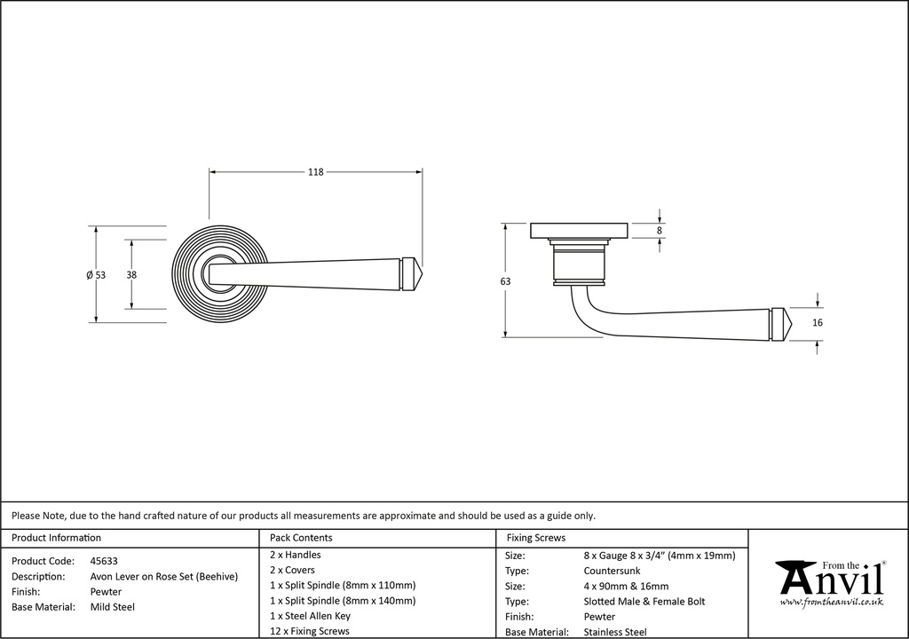 Pewter Avon Round Lever on Rose Set (Beehive) - 45633 - Technical Drawing