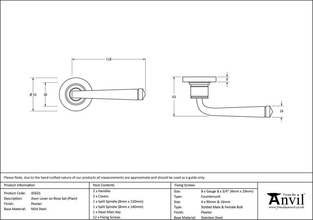 Pewter Avon Round Lever on Rose Set (Plain) - 45631 - Technical Drawing