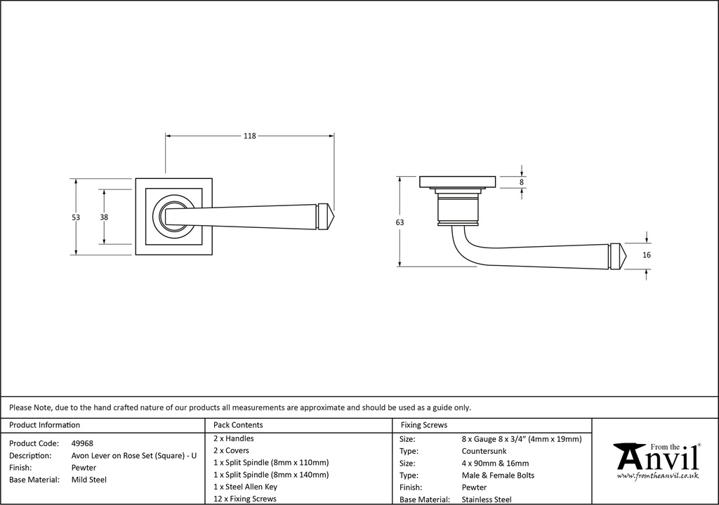 Pewter Avon Round Lever on Rose Set (Square) - Unsprung - 49968 - Technical Drawing