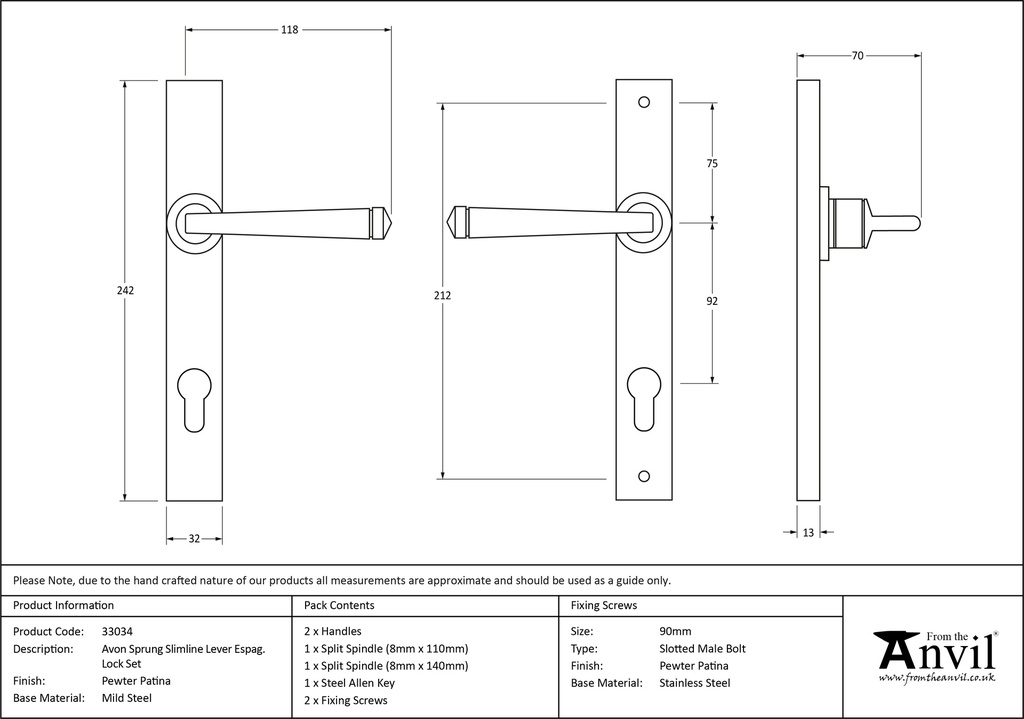 Pewter Avon Slimline Lever Espag. Lock Set - 33034 - Technical Drawing