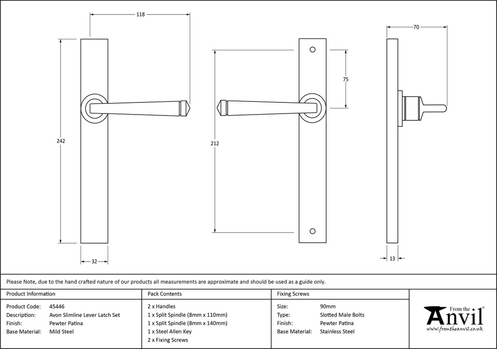 Pewter Avon Slimline Lever Latch Set - 45446 - Technical Drawing