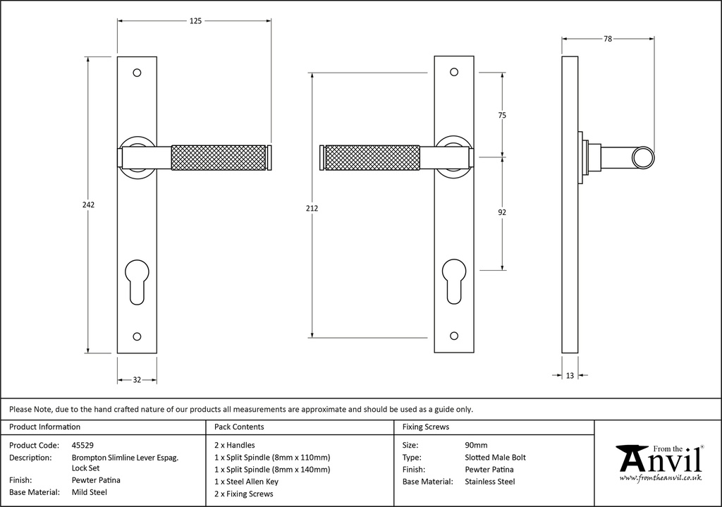 Pewter Brompton Slimline Lever Espag. Lock Set - 45529 - Technical Drawing