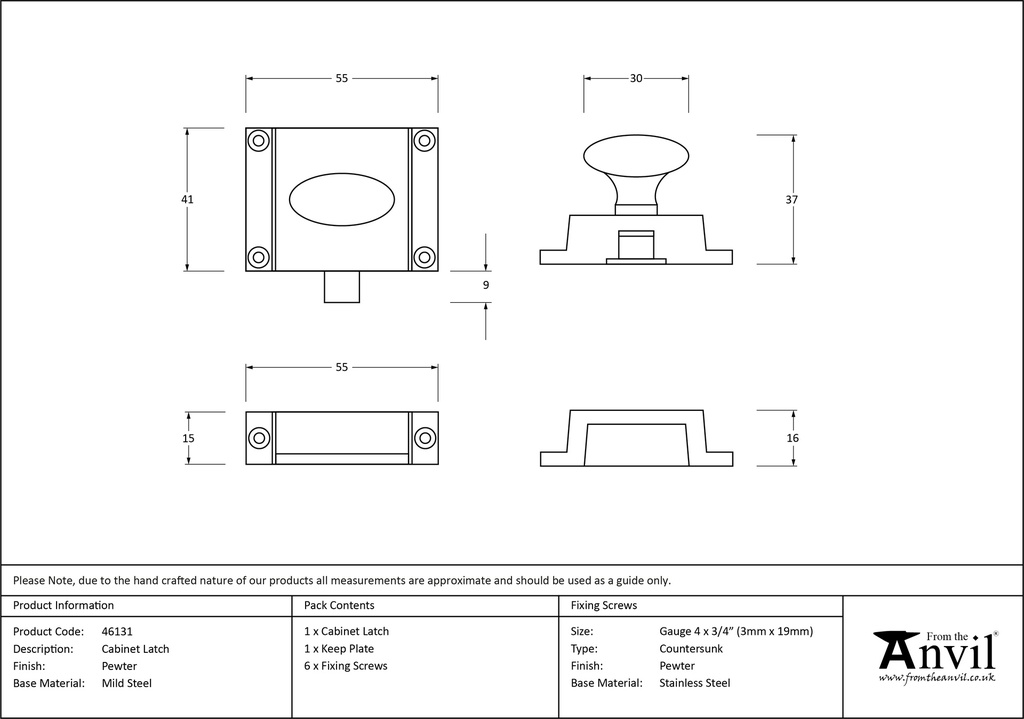 Pewter Cabinet Latch - 46131 - Technical Drawing