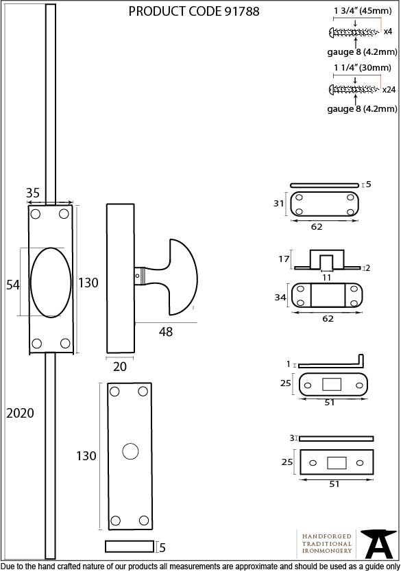 Pewter Cremone Bolt - 91788 - Technical Drawing