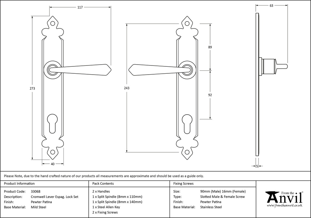 Pewter Cromwell Lever Espag. Lock Set - 33068 - Technical Drawing