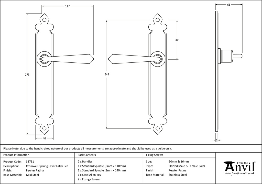 Pewter Cromwell Lever Latch Set - 33731 - Technical Drawing