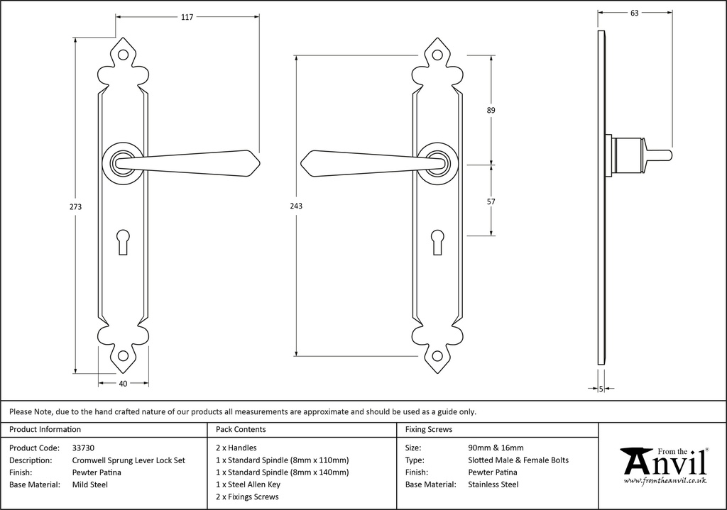 Pewter Cromwell Lever Lock Set - 33730 - Technical Drawing