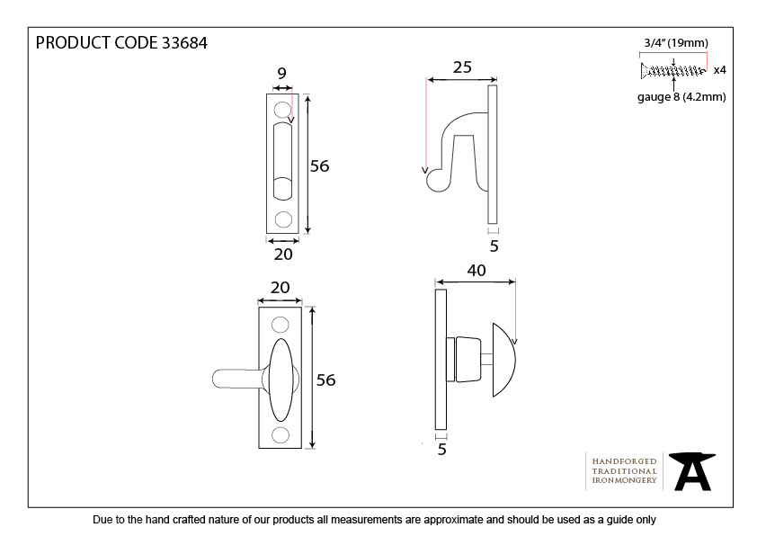 Pewter Cupboard Turn - 33684 - Technical Drawing