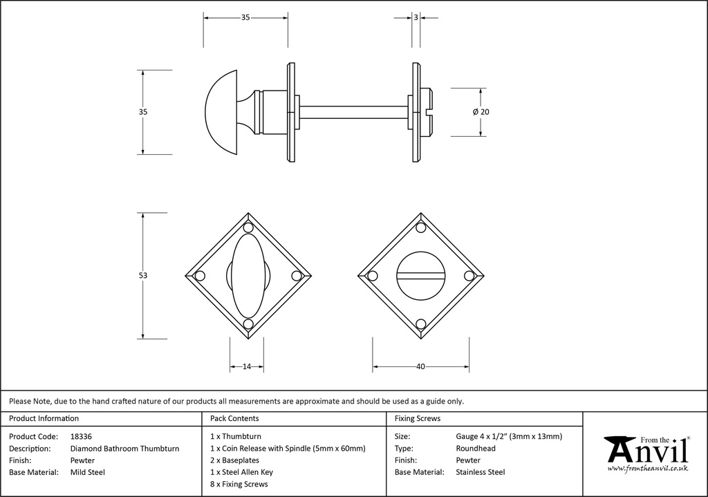 Pewter Diamond Bathroom Thumbturn - 18336 - Technical Drawing