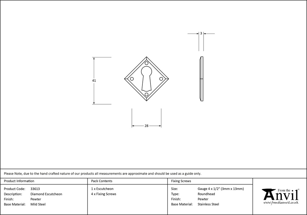 Pewter Diamond Escutcheon - 33613 - Technical Drawing