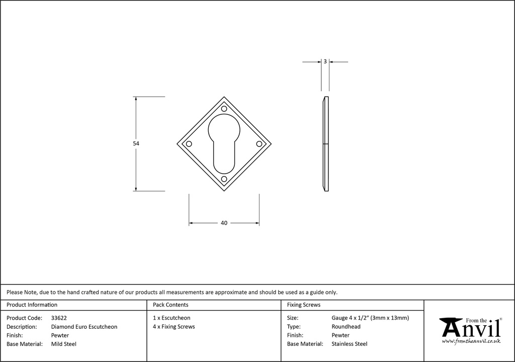 Pewter Diamond Euro Escutcheon - 33622 - Technical Drawing