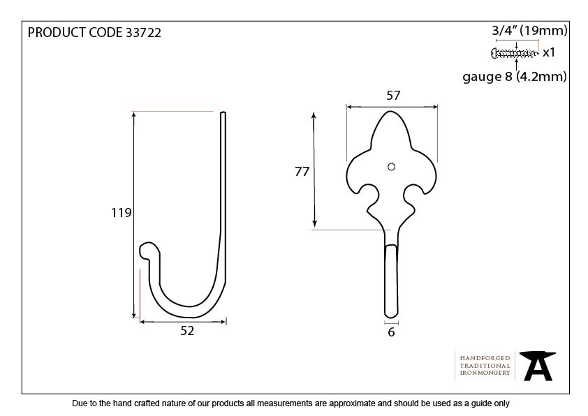 Pewter Fleur-De-Lys Coat Hook - 33722 - Technical Drawing