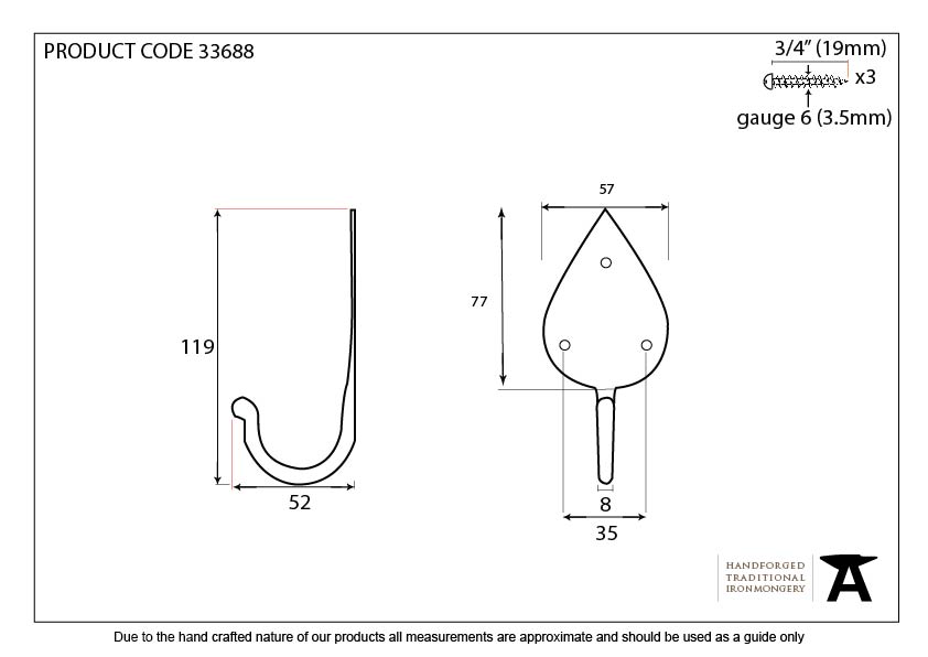 Pewter Gothic Coat Hook - 33688 - Technical Drawing