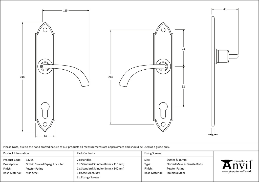 Pewter Gothic Curved Lever Espag. Lock Set - 33765 - Technical Drawing