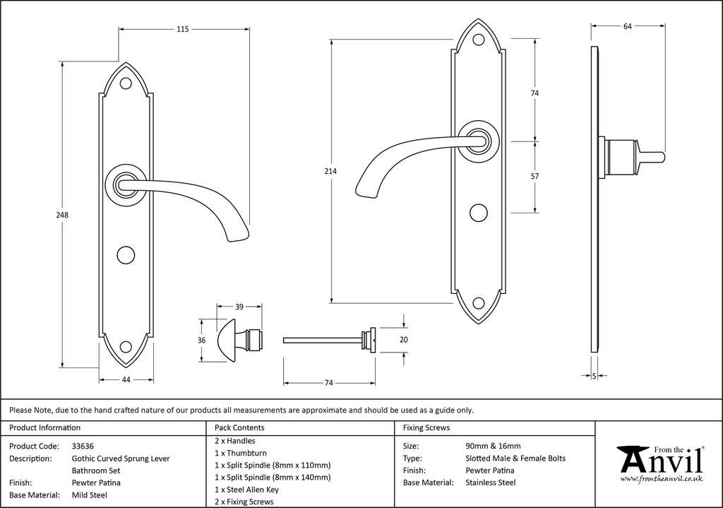 Pewter Gothic Curved Sprung Lever Bathroom Set - 33636 - Technical Drawing