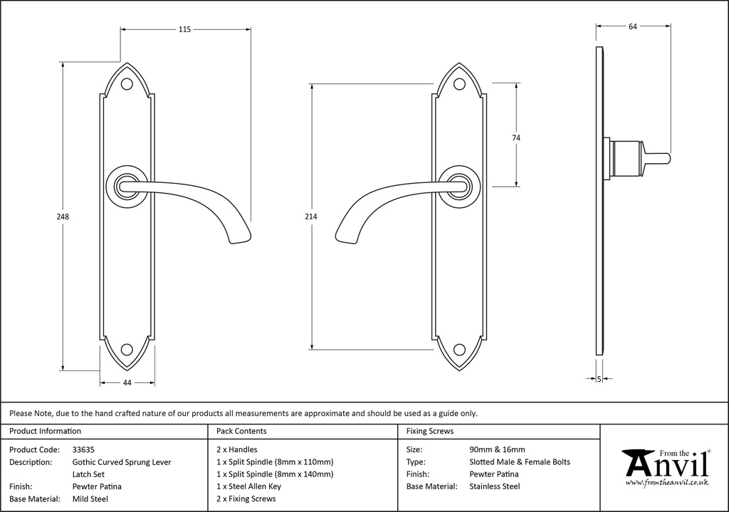 Pewter Gothic Curved Sprung Lever Latch Set - 33635 - Technical Drawing