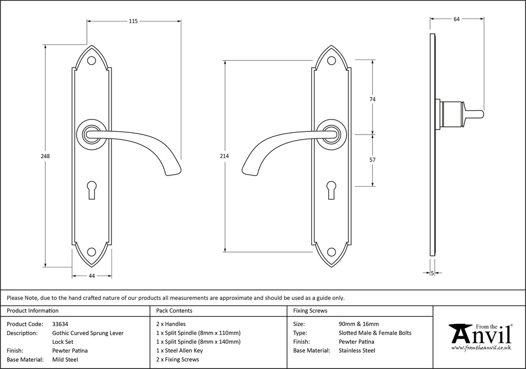 Pewter Gothic Curved Sprung Lever Lock Set - 33634 - Technical Drawing