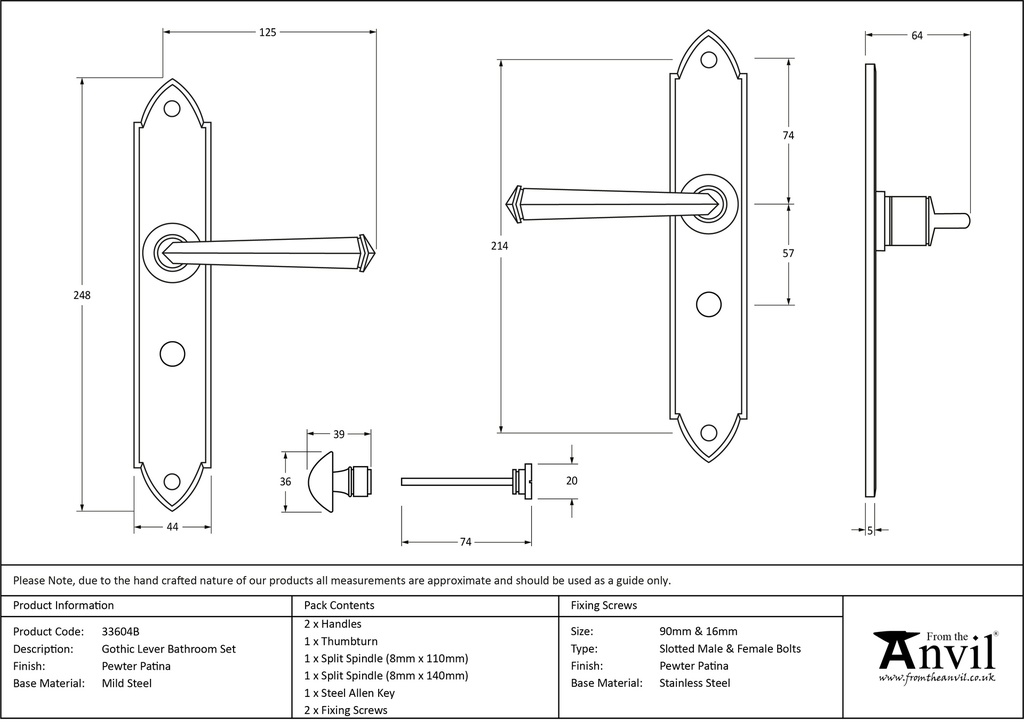 Pewter Gothic Lever Bathroom Set - 33604/B - Technical Drawing