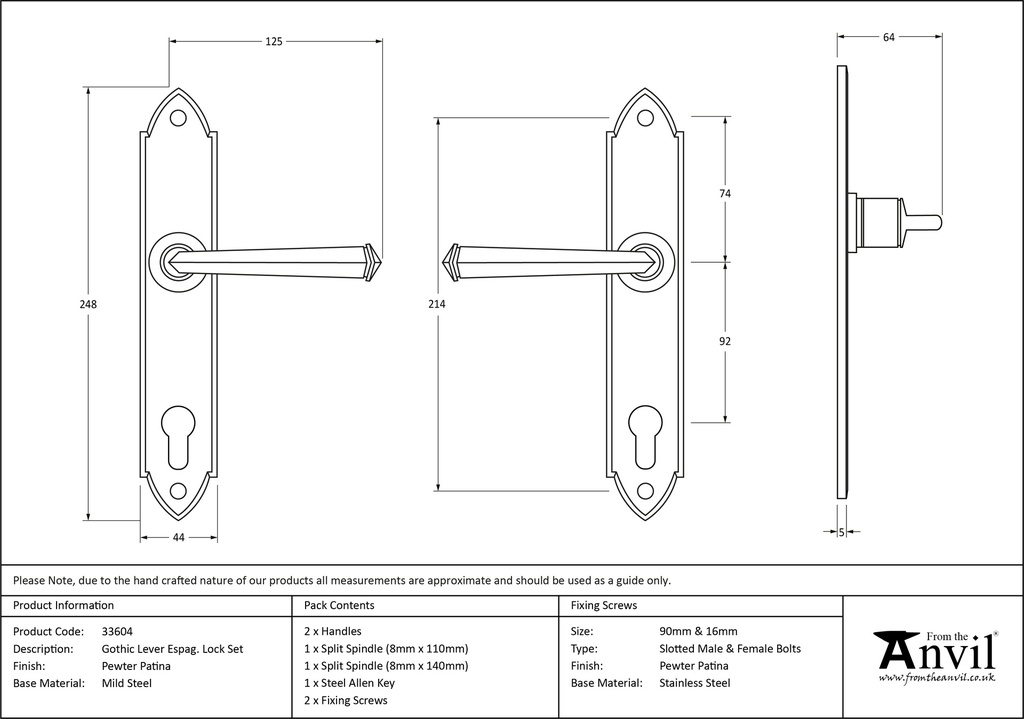 Pewter Gothic Lever Espag. Lock Set - 33604 - Technical Drawing