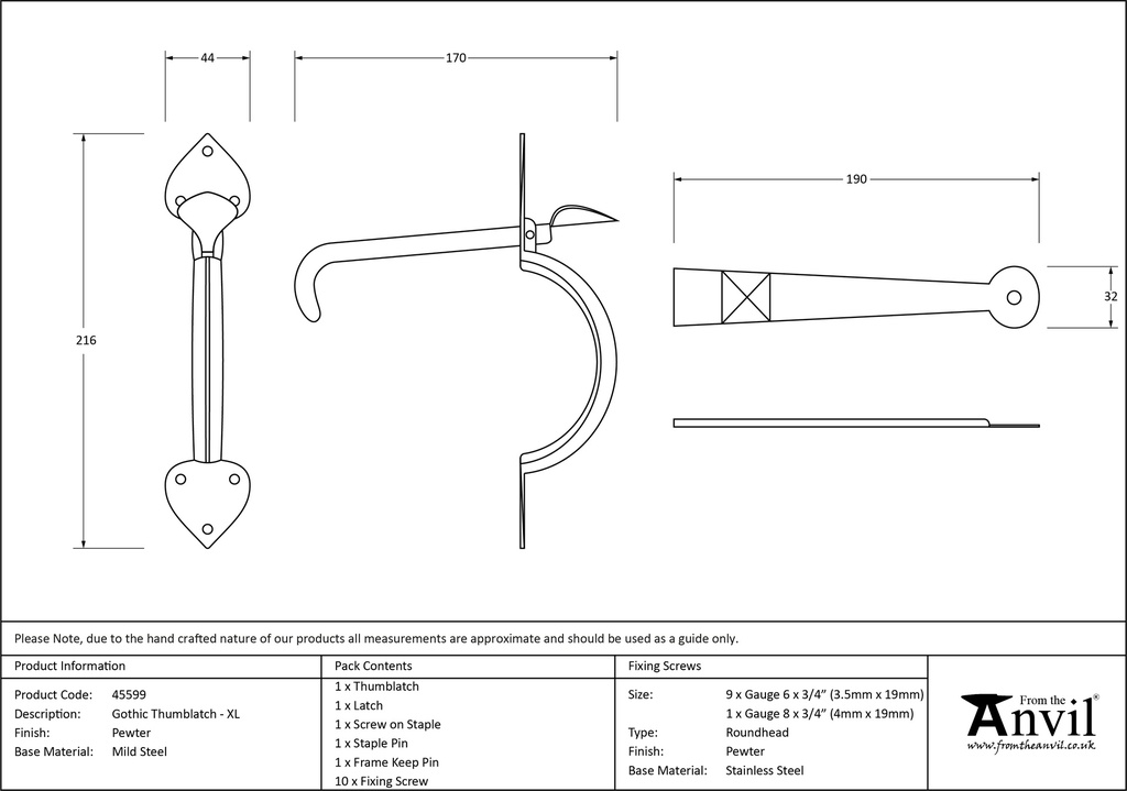 Pewter Gothic Thumblatch - XL - 45599 - Technical Drawing